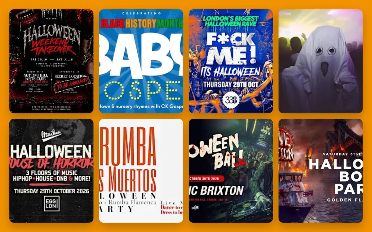 Collage of Halloween party posters and a person in a ghost costume