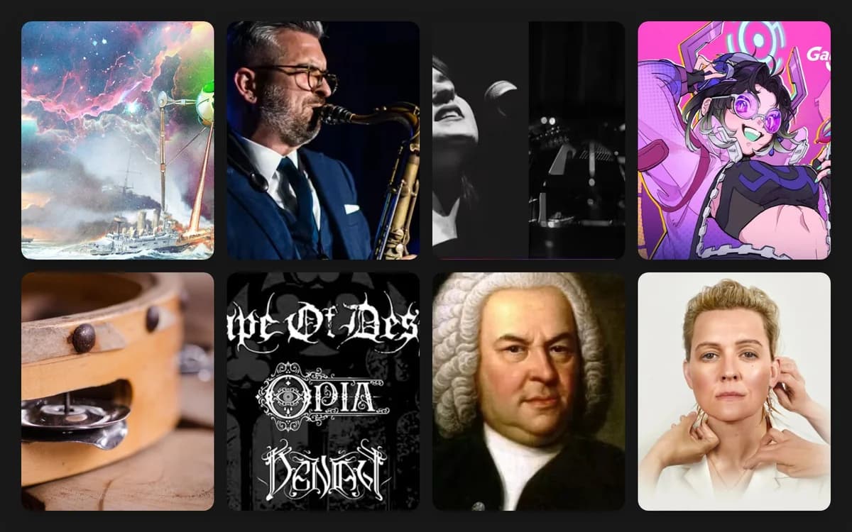 A collage of eight images including musicians, artwork, and portraits.