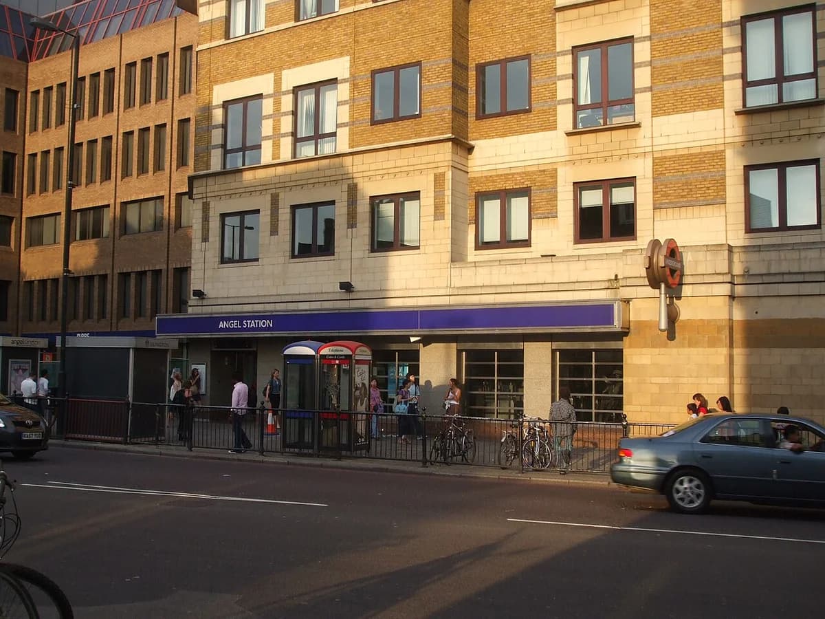 Street view of the entrance to Angel tube station in London.